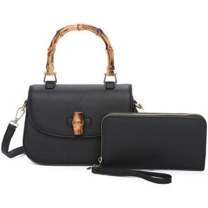 Womens Black Bamboo Shaped Top Handle Satchel With Wallet